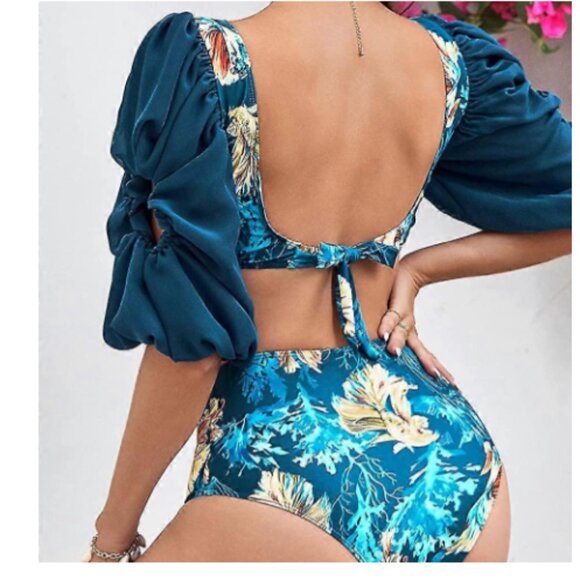 Sporlike Women Ruffle High Waist Swimsuit Two Pieces Push Up Tropical Print - Picture 11 of 11